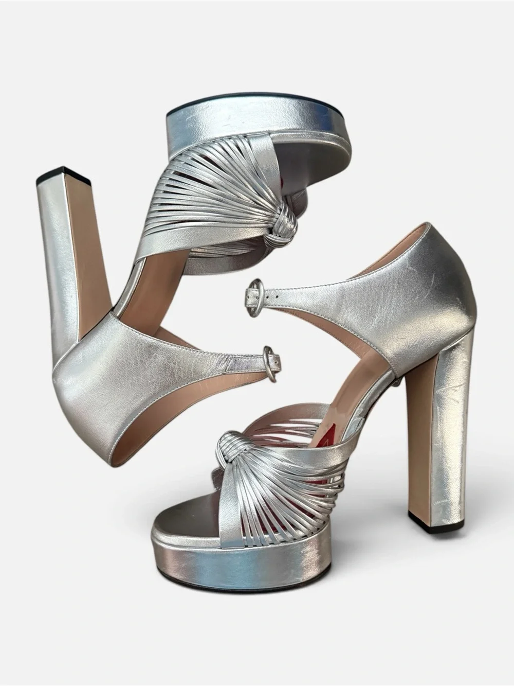 Nwot GUCCI 2019 METALLIC SILVER CRAWFORD LEATHER PLATFORM SANDALS